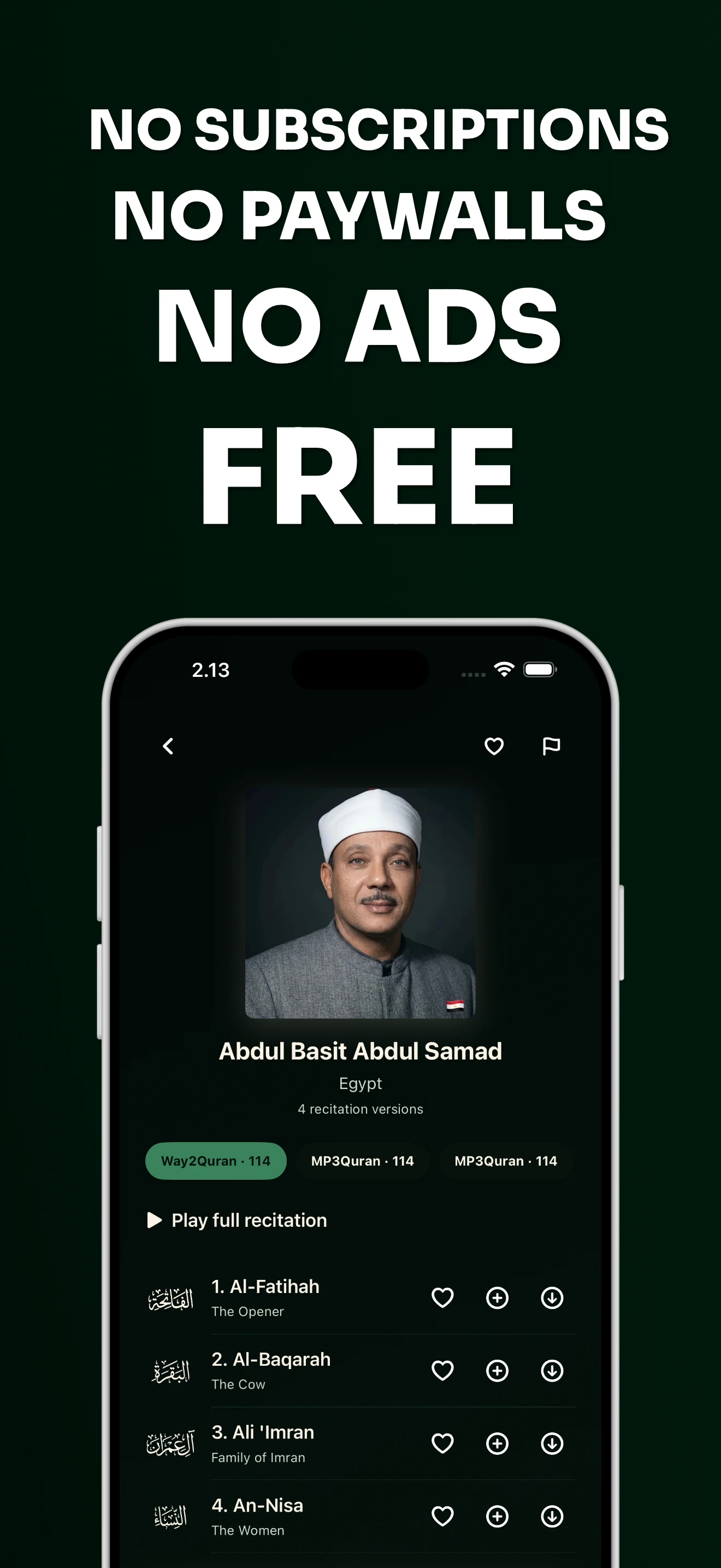 Ayah Player App Store image: no subscriptions, no paywalls, no ads