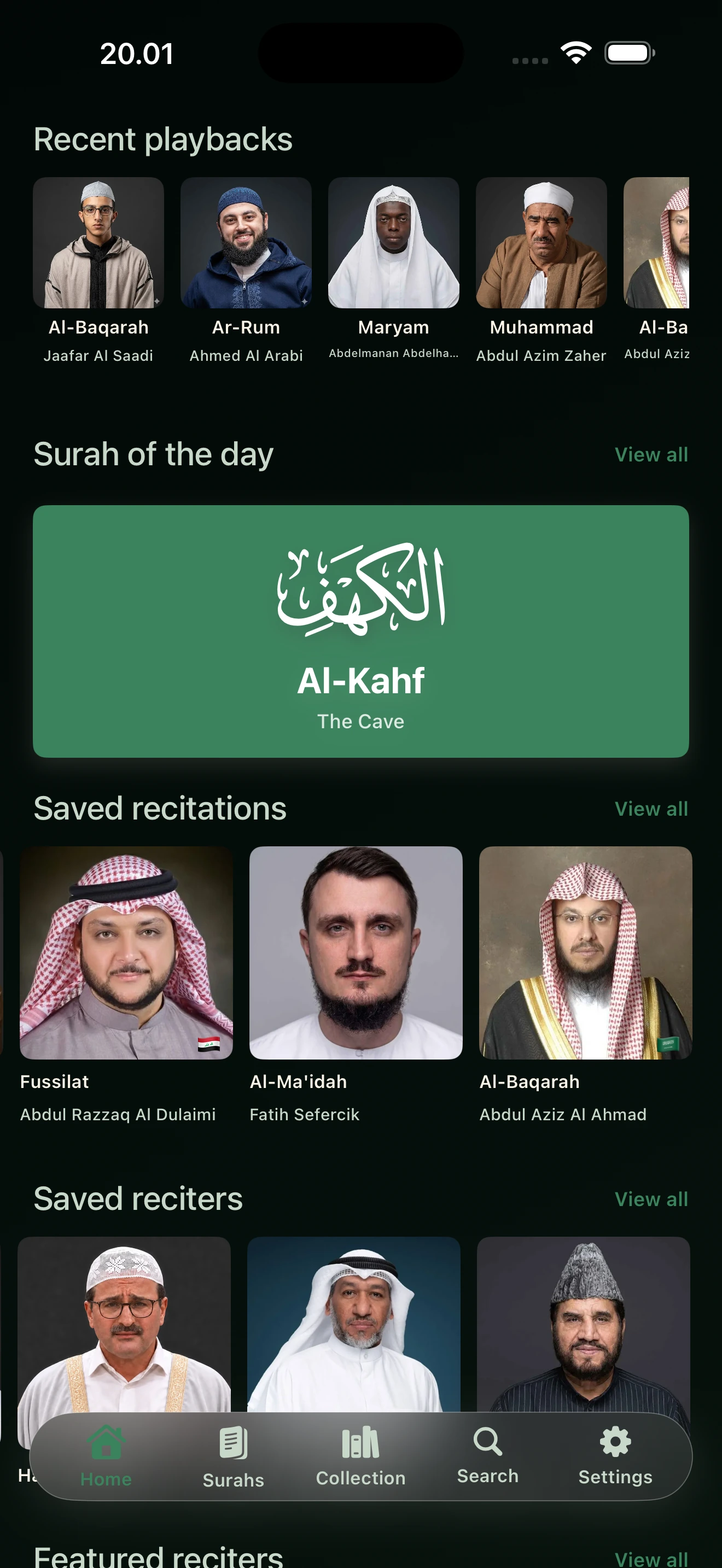 Ayah Player dark home screen with recent playbacks and Surah of the day